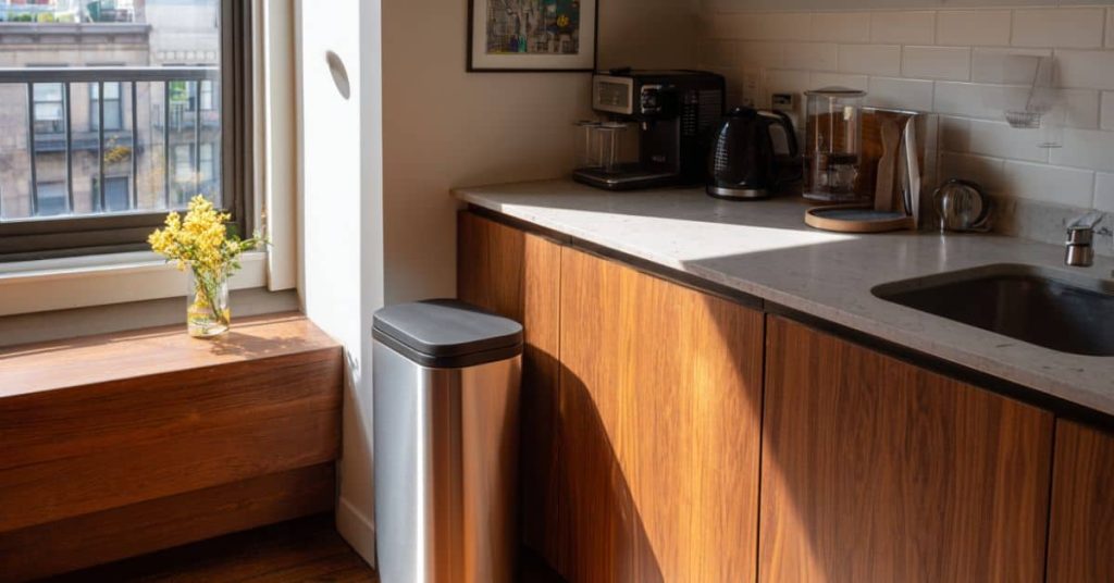 Countertop bin in an apartment