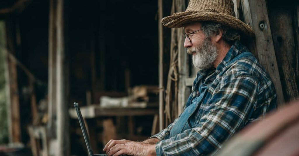 Homesteader using a laptop