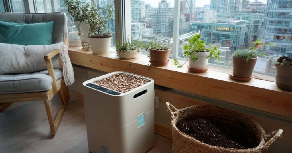 View from an urban apartment with compost
