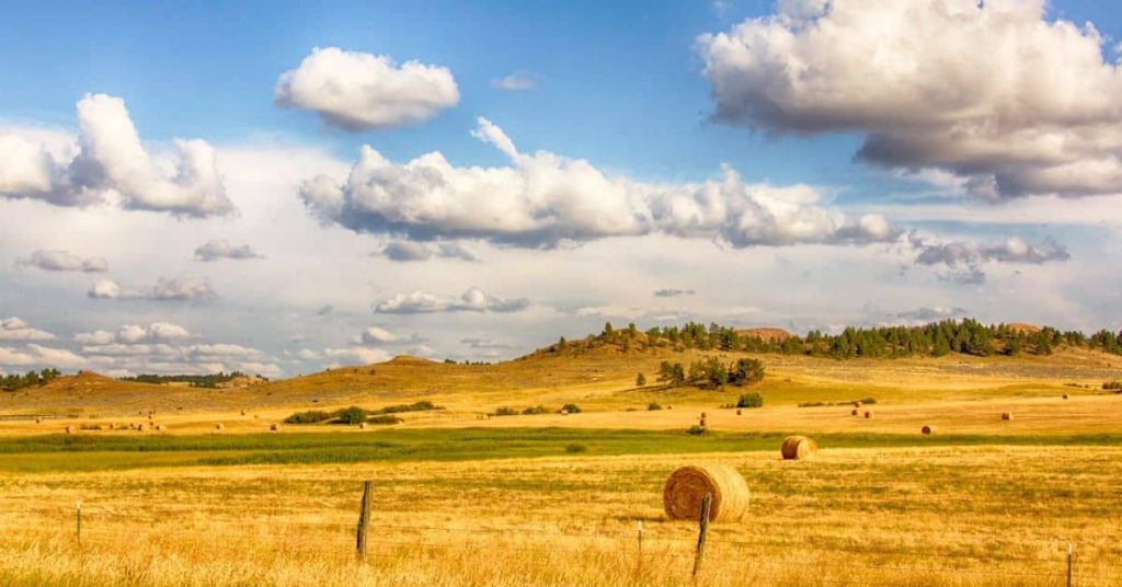 Hay bales under a cloudy sky in Montana, USA: Homesteading in Montana